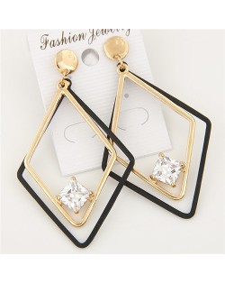 Cubic Zirconia Inlaid Dual Rhombuses Costume Earrings - Golden