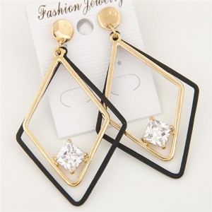 Cubic Zirconia Inlaid Dual Rhombuses Costume Earrings - Golden