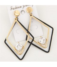 Cubic Zirconia Inlaid Dual Rhombuses Costume Earrings - Golden