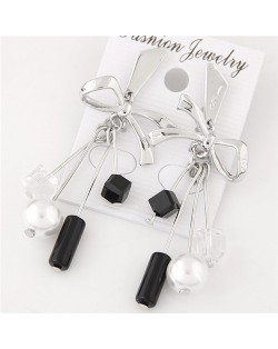 Graceful Pearls and Beads Embellished Alloy Bowknot Fashion Earrings - Silver