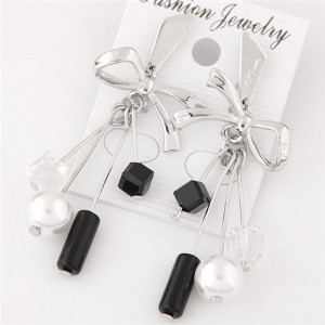 Graceful Pearls and Beads Embellished Alloy Bowknot Fashion Earrings - Silver
