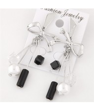 Graceful Pearls and Beads Embellished Alloy Bowknot Fashion Earrings - Silver