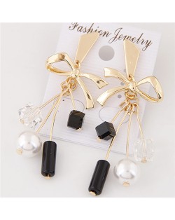 Graceful Pearls and Beads Embellished Alloy Bowknot Fashion Earrings - Golden