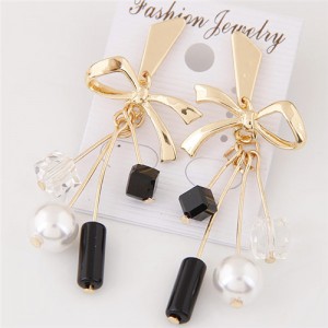 Graceful Pearls and Beads Embellished Alloy Bowknot Fashion Earrings - Golden