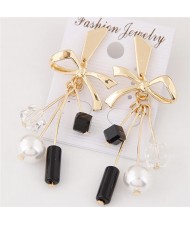 Graceful Pearls and Beads Embellished Alloy Bowknot Fashion Earrings - Golden
