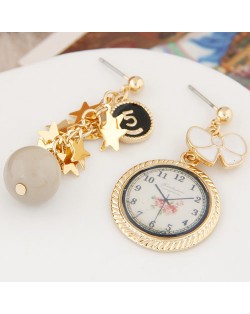 Sweet Pocket Watch and Stars Tassel Design Asymmetric Ear Studs