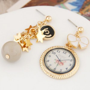 Sweet Pocket Watch and Stars Tassel Design Asymmetric Ear Studs