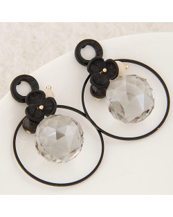 Flower Decorated Crystal Ball Centered Fashion Hoop Earrings
