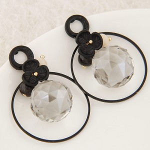Flower Decorated Crystal Ball Centered Fashion Hoop Earrings
