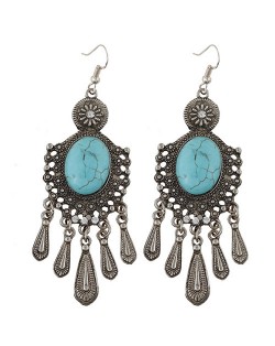 Artificial Turquoise Inlaid Bohemian Waterdrop Style Fashion Earrings - Vintage Silver