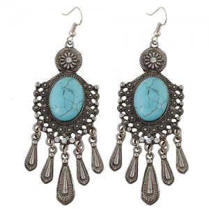 Artificial Turquoise Inlaid Bohemian Waterdrop Style Fashion Earrings - Vintage Silver