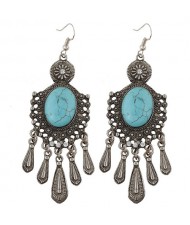 Artificial Turquoise Inlaid Bohemian Waterdrop Style Fashion Earrings - Vintage Silver