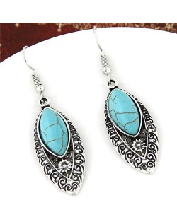 Artificial Turquoise Embellished Hollow Vintage Vine Engraving Design Fashion Earrings