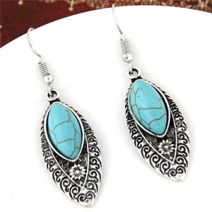 Artificial Turquoise Embellished Hollow Vintage Vine Engraving Design Fashion Earrings