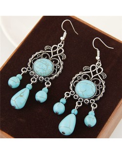 Artificial Turquoise Inlaid Hollow Vintage Floral Pattern Dangling Earrings