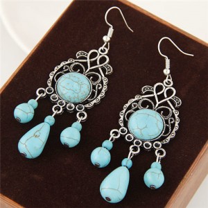 Artificial Turquoise Inlaid Hollow Vintage Floral Pattern Dangling Earrings