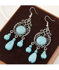 Artificial Turquoise Inlaid Hollow Vintage Floral Pattern Dangling Earrings