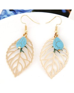 Artificial Turquoise Embellished Hollow Gloden Leaf Design Fashion Earrings