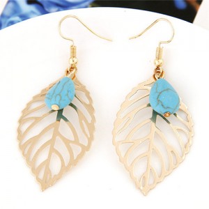 Artificial Turquoise Embellished Hollow Gloden Leaf Design Fashion Earrings