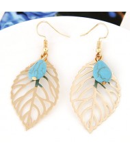 Artificial Turquoise Embellished Hollow Gloden Leaf Design Fashion Earrings