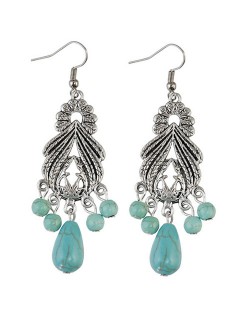 Vintage Silver Hollow Waterdrop with Artificial Turquoise Beads Costume Earrings