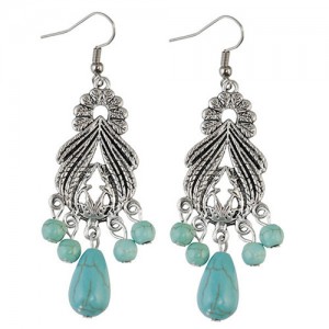 Vintage Silver Hollow Waterdrop with Artificial Turquoise Beads Costume Earrings
