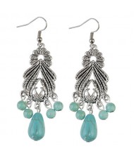 Vintage Silver Hollow Waterdrop with Artificial Turquoise Beads Costume Earrings