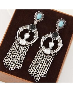 Vintage Ethnic Fashion Chain Tassel Design Hoop Earrings - Silver