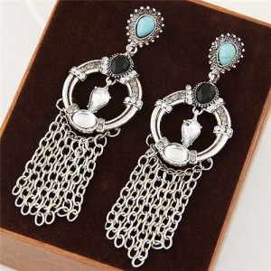 Vintage Ethnic Fashion Chain Tassel Design Hoop Earrings - Silver