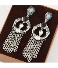 Vintage Ethnic Fashion Chain Tassel Design Hoop Earrings - Silver