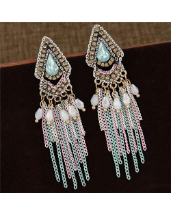 Gem Inlaid Geometric Design Beads and Tassel Fashion Ear Studs