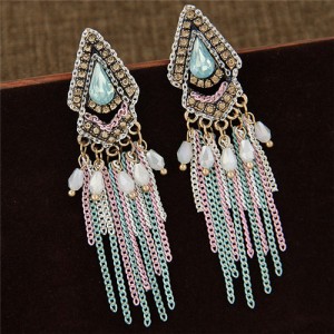 Gem Inlaid Geometric Design Beads and Tassel Fashion Ear Studs