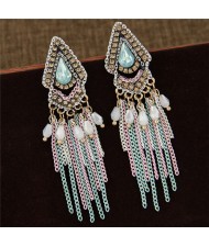 Gem Inlaid Geometric Design Beads and Tassel Fashion Ear Studs