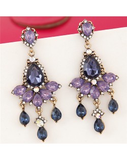 Purple and Ink Blue Resin Gems Floral Pattern Dangling Ear Studs