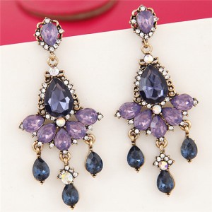 Purple and Ink Blue Resin Gems Floral Pattern Dangling Ear Studs