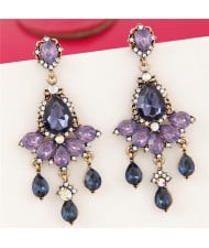 Purple and Ink Blue Resin Gems Floral Pattern Dangling Ear Studs