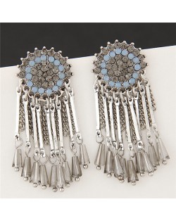 Rhinestone Inlaid Round Floral Pattern with Tassel and Beads Earrings - Silver