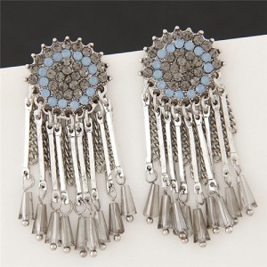 Rhinestone Inlaid Round Floral Pattern with Tassel and Beads Earrings - Silver