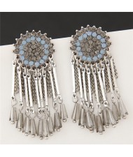 Rhinestone Inlaid Round Floral Pattern with Tassel and Beads Earrings - Silver
