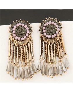 Rhinestone Inlaid Round Floral Pattern with Tassel and Beads Earrings - Copper