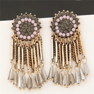 Rhinestone Inlaid Round Floral Pattern with Tassel and Beads Earrings - Copper