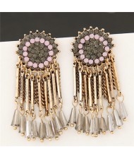 Rhinestone Inlaid Round Floral Pattern with Tassel and Beads Earrings - Copper