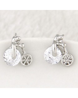 Korean Fashion Cubic Zirconia and Alloy Bike Ear Studs - Silver