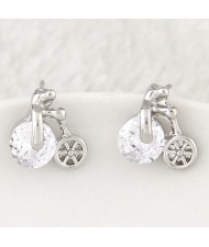 Korean Fashion Cubic Zirconia and Alloy Bike Ear Studs - Silver