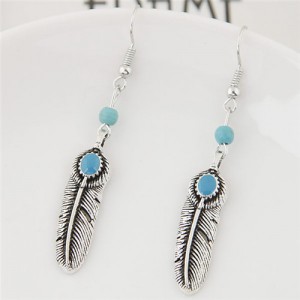 Artificial Turquoise Embellished Alloy Feather Fashion Ear Studs