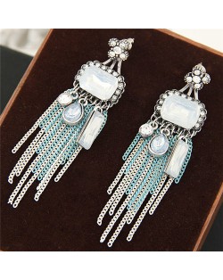 Rhinestone and Square Gem Inlaid Chain Tassel Design Fashion Earrings