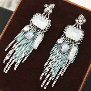 Rhinestone and Square Gem Inlaid Chain Tassel Design Fashion Earrings