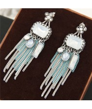 Rhinestone and Square Gem Inlaid Chain Tassel Design Fashion Earrings