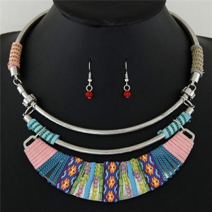 Rope Weaving Bohemian Fashion Arch Pendant Statement Necklaces and Earrings Set - Multicolor