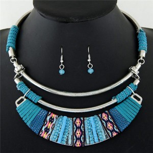Rope Weaving Bohemian Fashion Arch Pendant Statement Necklaces and Earrings Set - Teal